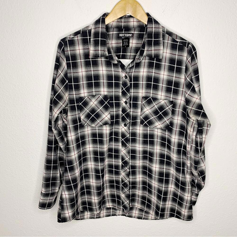 Hot Topic Plaid Button-Front Open Back Blouse Black White Red Size Juniors Large